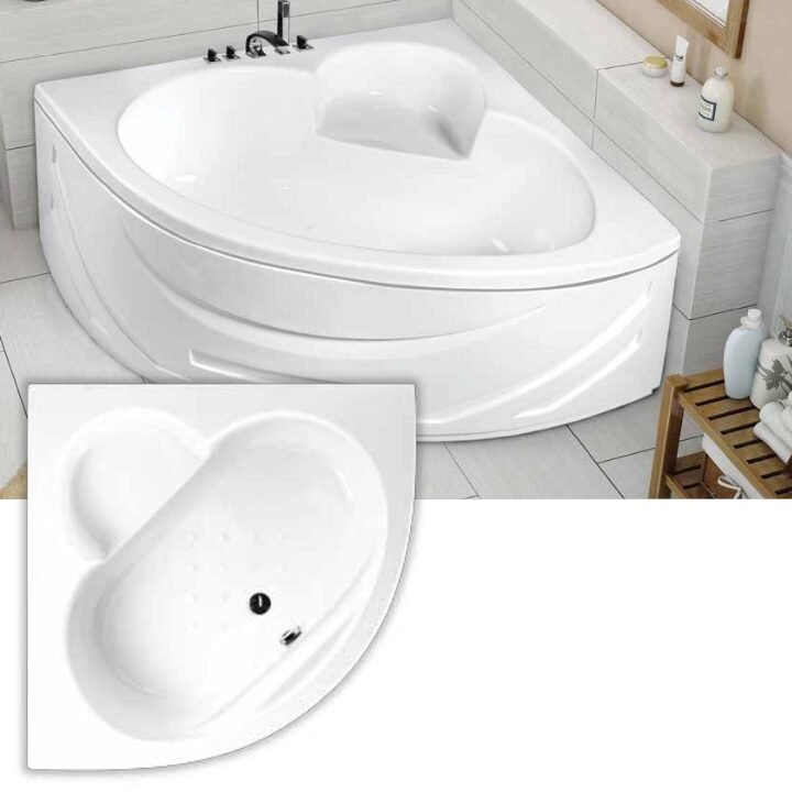 Liberty corner bathtub – includes a convenient shower seat and compact 120cm dimension for stylish comfort and practicality