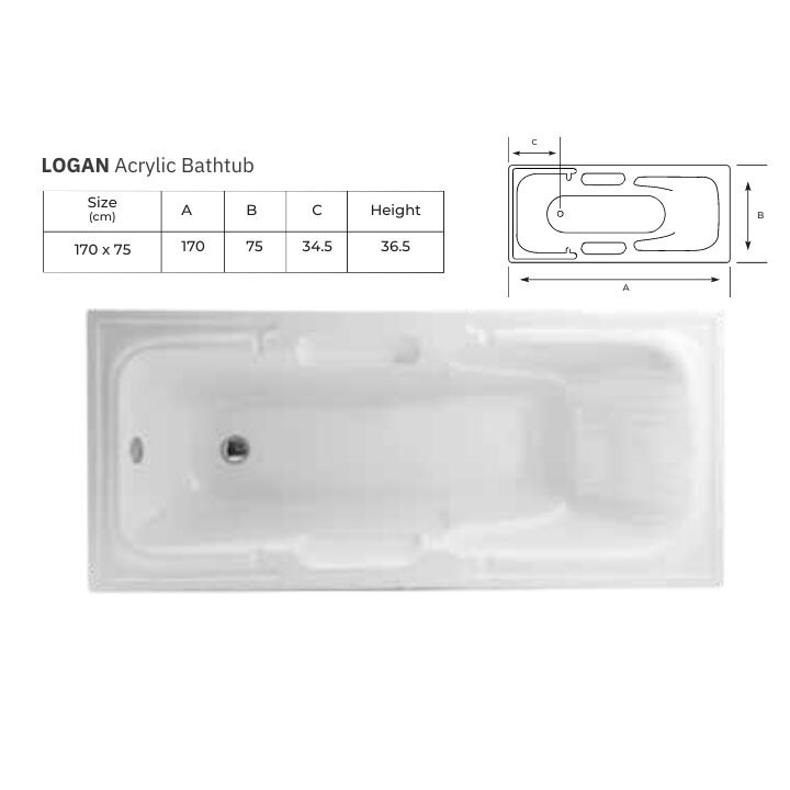 logan acrylic bathtub size 170x75cm - Image 2