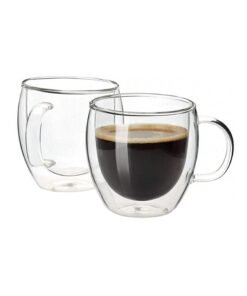 CRISTAL 2-Piece Double Walled Glass Coffee Mugs with Handle, Large Insulated Layer Coffee Cups, Clear Borosilicate Mugs, Perfect for Espresso, Cappuccino, Tea, Latte Clear 240ml