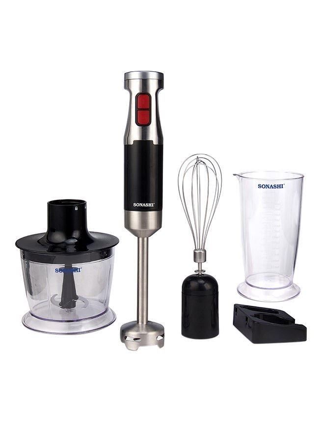 SONASHI 4-in-1 Hand Blender, Chopper, Whisker, Mixer - with Stainless Steel Shaft and Different Speed Control | Plastic Jar 700ML, Chopper 500 ML, Whisk and Robust Blending Wand SHB-179JBCW Black