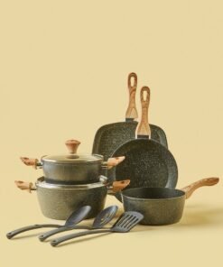 Noon East 10-Piece Cookware Set - Aluminium Pots And Pans - Non-Stick Surface - Wood Finish Handles - Tempered Glass Lids - PFOA Free - Frying Pan, Casserole With Lid, Saucepan, Grill Pan, Kitchen Tools Black