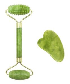 Jade Roller & Gua Sha Board Jade Stone Set Scraping Massage Tools for Facial Skin Care Anti-aging Face Eye Neck Beauty Roller Facial Massager Green