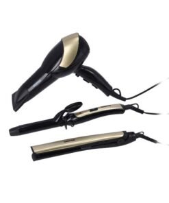GEEPAS 3 In 1 Hair Styling Set 2200W - 2 Speed And 3 Heat Setting Curler, Ceramic Coating Plates Straightener With 25mm Hair Curler, Ideal Gift For Women Black/Gold 1200grams