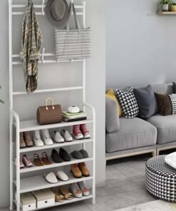 fashionhome 5-Tier Stainless Steel Coat And Shoes Rack For Home White 80*26*170cm