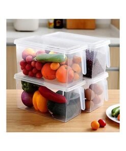 BGM 4-Piece Fridge Plastic Food Storage Containers With Lids And Handle Plastic Kitchen Refrigerator Fridge Stackable Desk Cabinet Food Fruit Eggs Vegetables Drawer Storage Organizer Box Containers Clear 31x15x16cm