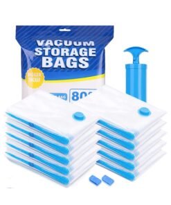 10 Pack Reusable Vacuum Storage Bags With Travel Hand Pump White/Blue 70x50cm