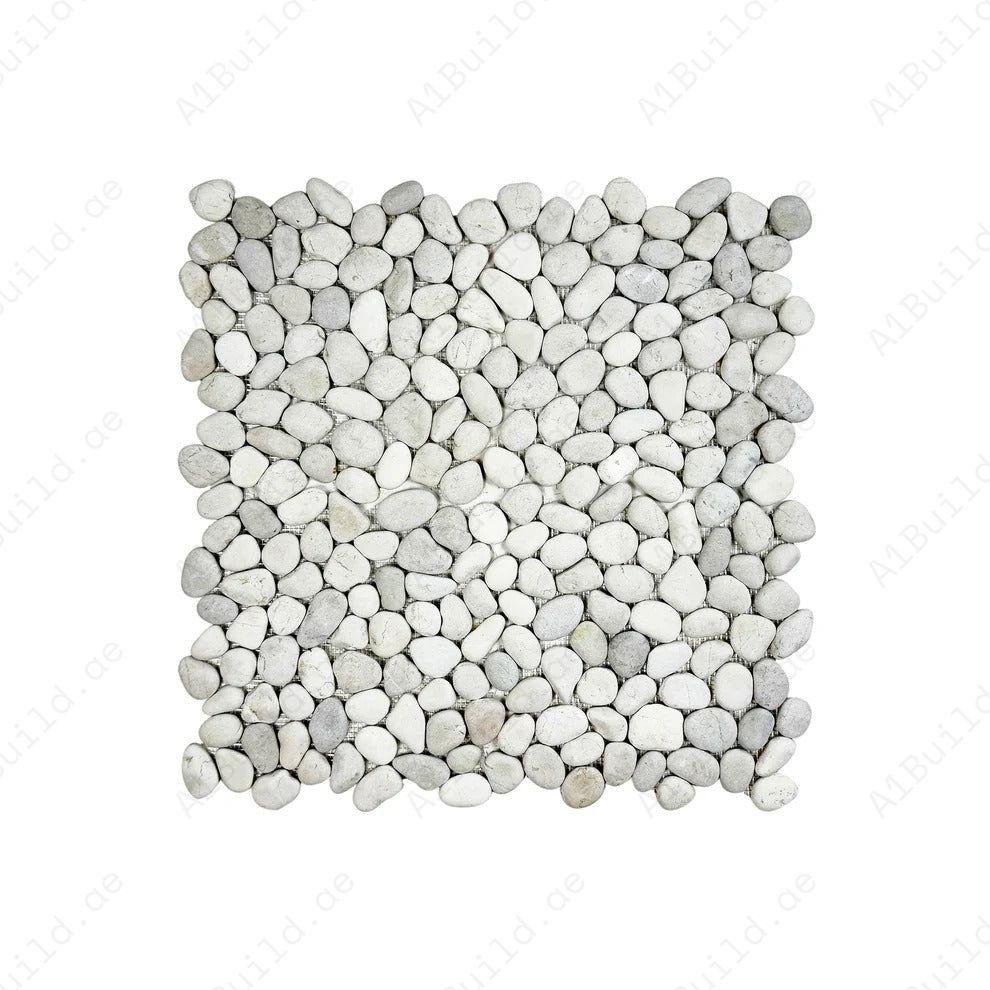Pebble Serenade Off White & Light Beige Semi-Matte Irregular Round Shape Natural Pebble Stone Mosaic