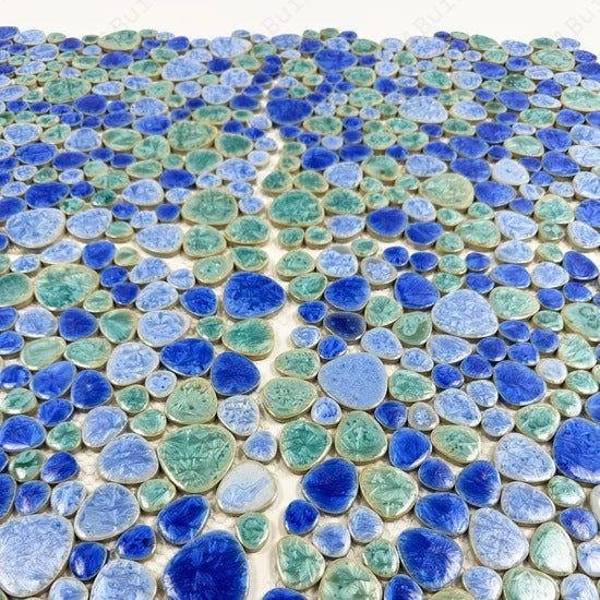 Positano Sky Series Tiffany Blue & Royal Blue & Neon Blue Mixed Round Ice Crack Porcelain Mosaic