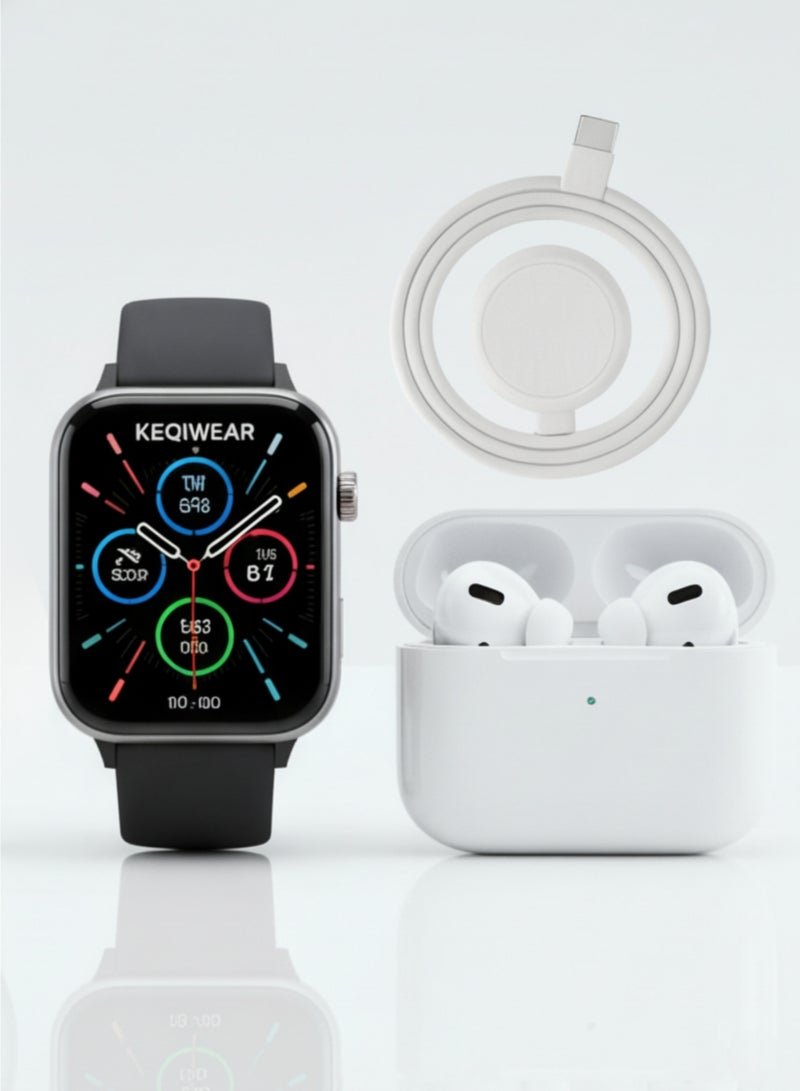 KEQIWEAR Smart Watch with Earbuds, 7 Straps & Wireless Charging | KW53 Max Series 10 | Bluetooth Calling, Fitness Tracker, Heart Rate & Sports Modes | Smart Watch for Men and Women