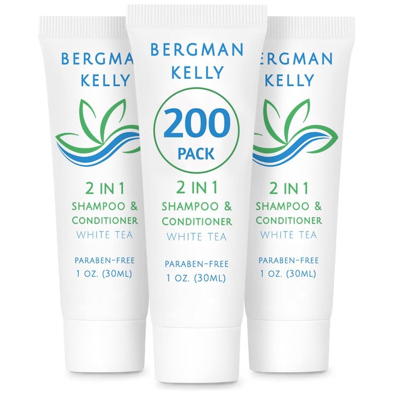 Bergman Kelly - Travel Size 2 in 1 Shampoo & Conditioner - 1 fl oz, 200 PK, White Tea - Delight Your Guests w/Revitalizing & Refreshing Shampoo Amenities, Quality Small Size Hotel Toiletries in Bulk