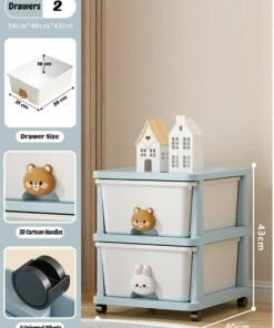 BestStore 2-Layer Kids Rolling Storage Cabinet with Drawers Blue and White Organizer with Animal Shaped Handles Mobile Toy Storage Clothes Organizer Kids Nightstand and Playroom Storage Unit