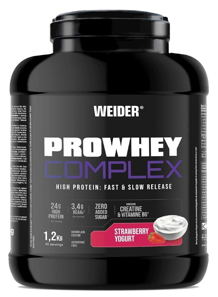 Weider Pro Whey Complex 1.2kg – Strawberry Yogurt Flavor | High-Protein Blend with Creatine, Glutamine & MCTs | Supports Muscle Growth & Recovery