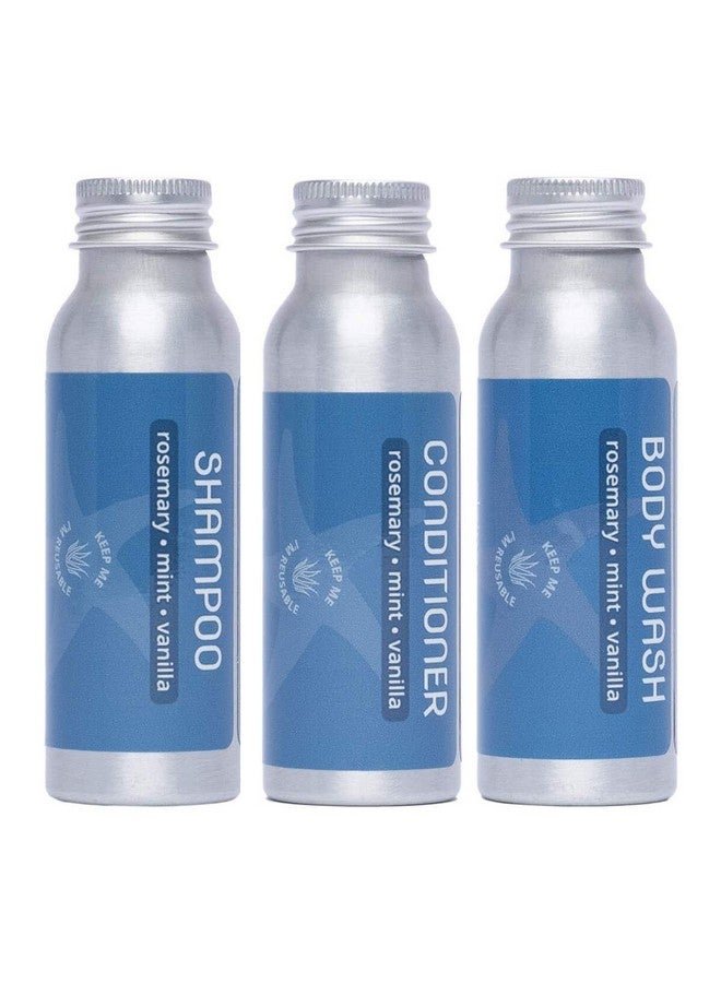 Plaine Products Travel Size Shampoo Conditioner And Body Wash Rosemary Mint Vanilla Sulfate Free Refillable Bottle 2.5 Oz