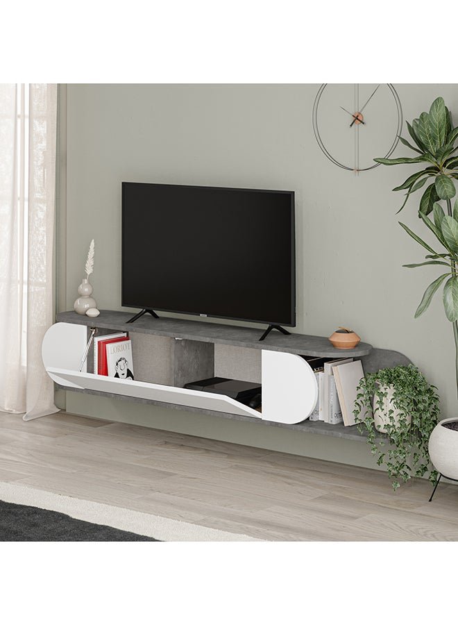 Mourah Home Tone Modern Floating Tv Stand Up To 65'' Inch Tv| 2 Doors Storage| Tv Console With 2 Storag| 180X29.6X30 Cm| Retro Grey White - Image 2