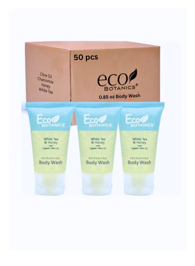 Eco Botanics Bulk Set Pack of 50 Transparent Travel-Size Hotel Body Wash With White tea & Honey Extract 30ml