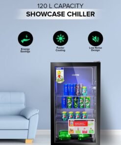 GEEPAS Showcase Chiller 120 Quick Cooling with Low E Glass Door Low Noise and Low Voltage Consumption 120 L 60 W GSC1223 Black