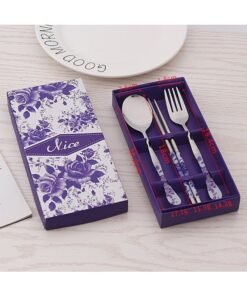 Stainless Steel Portable Tableware Set Hotel Gift Box Blue And White Porcelain Three-piece Tableware Chopsticks Fork Spoon Two-piece Set-Specifications:Three-piece Purple Rose