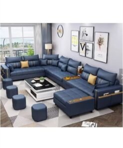 Al Zakharef Furniture Zahra Modern U-Shaped Sofa Set, 7 Seater PU Leather Sectional Couch with Chaise Lounge, Corner Living Room Furniture – Blue (389×231×86 cm)