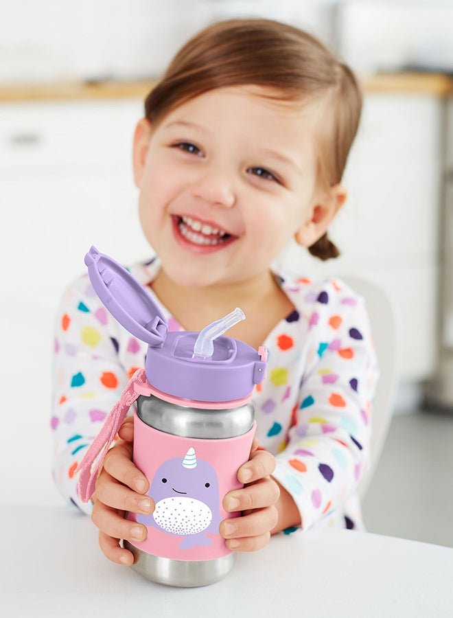 Skip Hop Zoo Stainless Steel Straw Bottle - Narwhal - Spill-Resistant Kids Bottle - Image 2