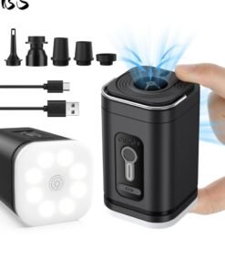 BS Mini Portable Camping Air Pump with Tri-Color Light and Five Nozzles | Electric Air Pump | Powered by a 2400mAh High-Capacity Battery | Suitable for Various Inflatable Devices | Type-C Rechargeable Air Pump | Equipped with a 410LM LED Light | Suitable for Camping Air Mattresses, Vacuum Packing Bags, and Swimming Rings.