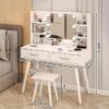 Bedroom Dresser and Stool Set, White Makeup Vanity Table for Girls with LED Light Mirror + 2 Drawers & Storage Shelves, 3 Light Modes Adjustable Brightness Dressing Desk