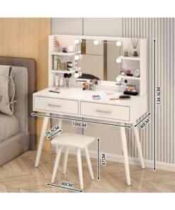 Bedroom Dresser and Stool Set, White Makeup Vanity Table for Girls with LED Light Mirror + 2 Drawers & Storage Shelves, 3 Light Modes Adjustable Brightness Dressing Desk