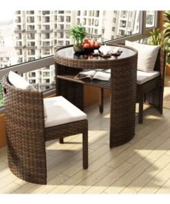 C&C Home Set of 3 Multipurpose Use Stackable Outdoor Patio Bistro Set Glass Top Table with 2 Rattan Chairs Garden Dinning Furniture Set for Yard Deck Garden Poolside Living Room 48x46x68 and 66x73 cm