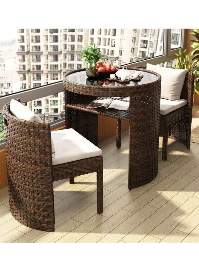 C&C Home Set of 3 Multipurpose Use Stackable Outdoor Patio Bistro Set Glass Top Table with 2 Rattan Chairs Garden Dinning Furniture Set for Yard Deck Garden Poolside Living Room 48x46x68 and 66x73 cm