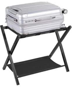 LAMAY Luggage Rack for Guest Room, Suitcase Stand with Storage Shelf & Nylon Strap, Duty Steel Frame, Foldable for Easy Storage, Folding Luggage Rack for Hotel, Bedroom