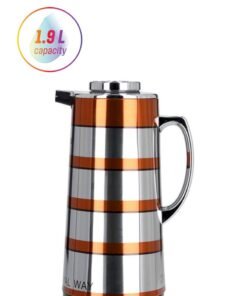 Royalford RF9590 1.9L Double Wall Golden Figured Vacuum Flask - Portable Heat Insulated Thermos Hot/Cold Long Hours Retention | Push Button | Coffee, Hot Water, Tea, Beverage | Ideal for Commercial & Outings Silver/Orange