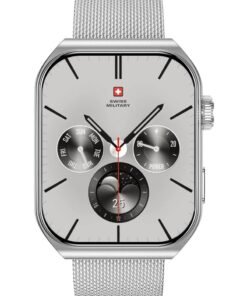 Swiss Military Alps3 Smartwatch, Curved Display 1.96” AMOLED, Bluetooth Calling, Multi Language, Fitness Tracking, Wireless Charging, 7 Days Battery, iOS/Android Compatible, Silver Frame & Steel Strap