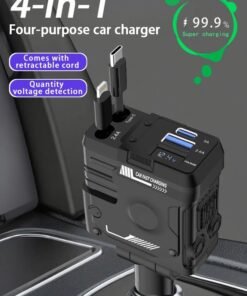 Yaqeen 12v/24v Fast Car Charger With Retractable Cable - Dual Usb-C Pd Retractable Charging Cable Fast Car Power Adapter Pd20w For Iphone Type C 40w Car Bluetooth Usb Charger Plug With Iphone,Samsung,Galaxy,Huawei,Xiaomi | 4-In-1 Type C Fast Charging -Mecha Black