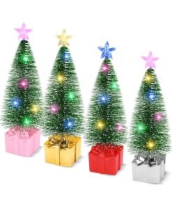 Chielor Mini Christmas Tree with Lights, 4 Pack Christmas Small Christmas Tree, Christmas Village Trees with String Light for Christmas Decorations Indoor Xmas Holiday Party Table, Christmas Craft