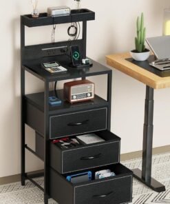 Yanara Night Stand with LED Lights, Bedroom Nightstands with Power Outlet and Type C Port, Bed End Tables with 3 Fabric Drawers, Matching Bedside Tables with Hooks and Shelves, Black