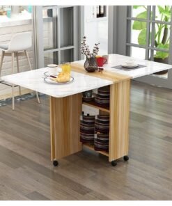 Folding Dining Table Drop Leaf Table with 6 Wheels, Kitchen Table with 2-Layer Storage Shelves, Multifunctional Extension Space Saving Dinner Table for Bedroom Dining Room Home