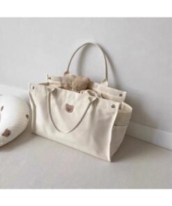 ShebSheb Cute Bear Canvas Diaper Bags,Large Capacity Baby Bag for Mother,Tote Bag Mommy Bag with Multi Pockets for Baby Women Travel