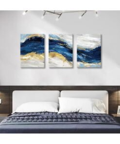 RATSAW Set Of 3 Framed Canvas Wall Arts Stretched Over Wooden Frame Paintings for Home Living Room Office Decor 30x40 cm Abstract Minimalist Canvas Wall Art Prints Framed Pictures Navy Blue Sea Wave Gold Gray Painting