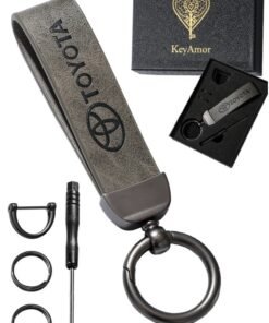 KeyAmor Elegant grey metal and leather keychain with TOYOTA logo featuring 3 key rings perfect as a fancy gift or car accessory designed in sleek grey for a modern look offers 360 degree rotation for convenience suitable for both men and women and comes in a fancy gift box