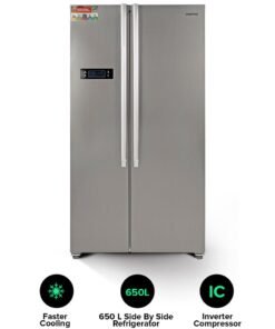 GEEPAS 650L Gross/521L Net Capacity No Frost Side By Side Refrigerator With Inverter Compressor, Tempered Glass Shelf, Twist Ice Maker, LED Lighting, Digital Control Temperature Display Freezer- 177L capacity GRFS6521SXHN Silver