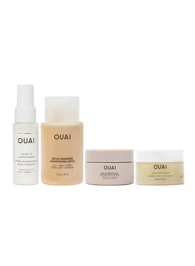 OUAI Travel Kit - Includes Travel Size Leave In Conditioner, Detox Shampoo, Fine to Medium Hair Mask, Scalp & Body Scrub - Travel Size Stocking Stuffers for Women (4 Count)