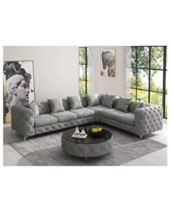 Maharat Al Bahar Luxury L-Shaped Grey Velvet Chesterfield Sofa - 6-Seater with SELVER Legs - Classic Tufted Design for Elegant Living Rooms
