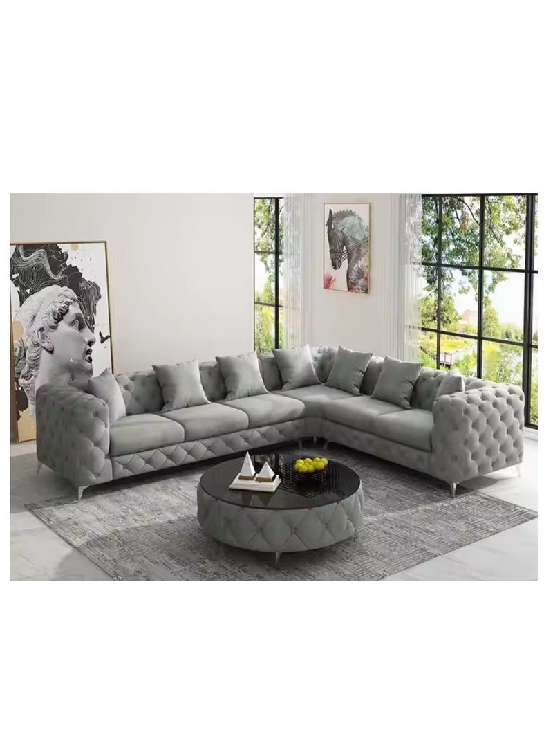 Maharat Al Bahar Luxury L-Shaped Grey Velvet Chesterfield Sofa - 6-Seater with SELVER Legs - Classic Tufted Design for Elegant Living Rooms