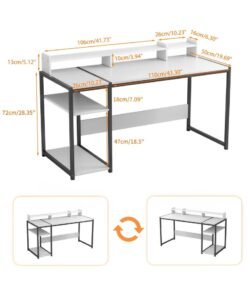ALIVINGHOME Computer Desk - 54" Gaming Desk, Home Office Desk with Dual Storage Shelves and Triple Monitor Stand , Storage Space-Savor, Modern Table, White