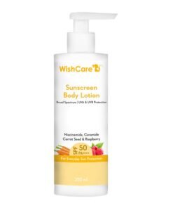 WishCare SPF50 Sunscreen Body Lotion - Broad Spectrum - UVA & UVB Protection with No White Cast - With Carrot Seed & Raspberry - For Men & Women - 200 Ml