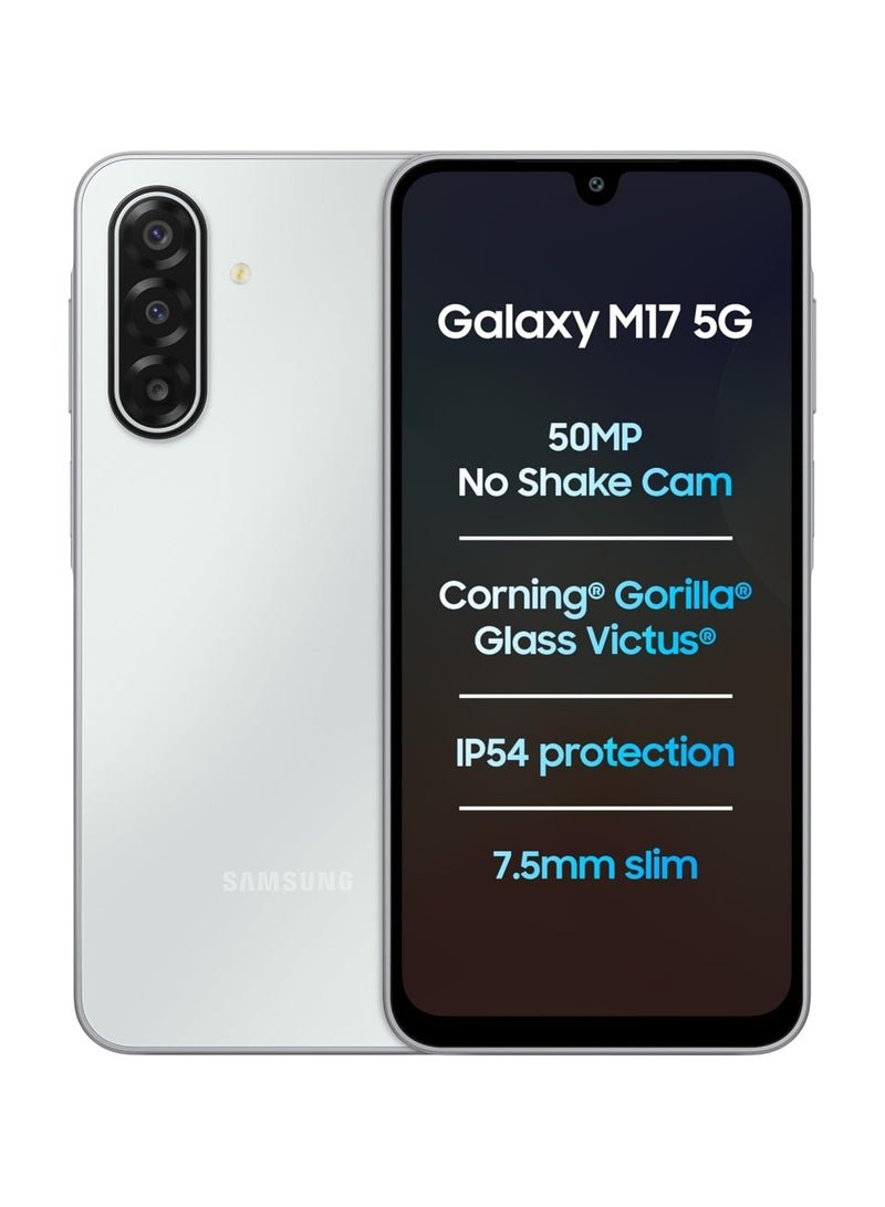 Samsung Galaxy M17 5G (Moonlight Silver, 6GB RAM, 128GB Storage)| Circle to Search| Gemini Live| 50MP OIS Triple Camera| IP54 Rating| Gorilla Glass Victus| AI| 6 Gen of OS Upgrades| Without Charger -Indian Version