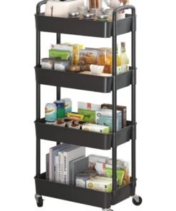 YUFAN 4-Tier Plastic Rolling Utility Cart with Handle, Multi-Functional Storage Trolley for Office, Living Room, Kitchen, Movable Storage Organizer with Wheels, Black