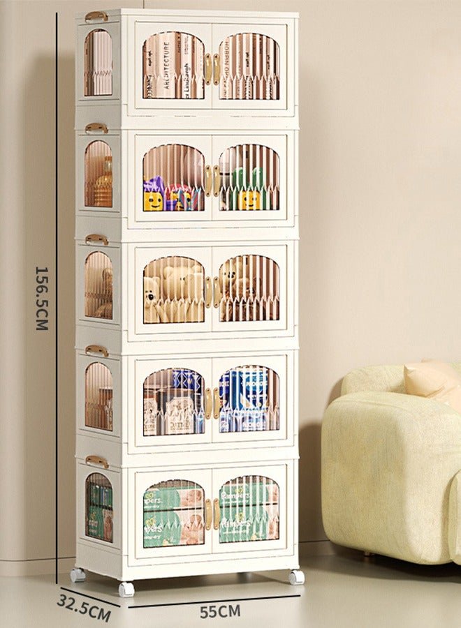 CityRiya-Long Kids Wardrobe Baby Closet Storage Organizer Portable Children Clothes Cabinet Storage Rack Toddler Dresser with Hanging Rod and Wheels for Boys Girls Clothing Nursery Armoire White