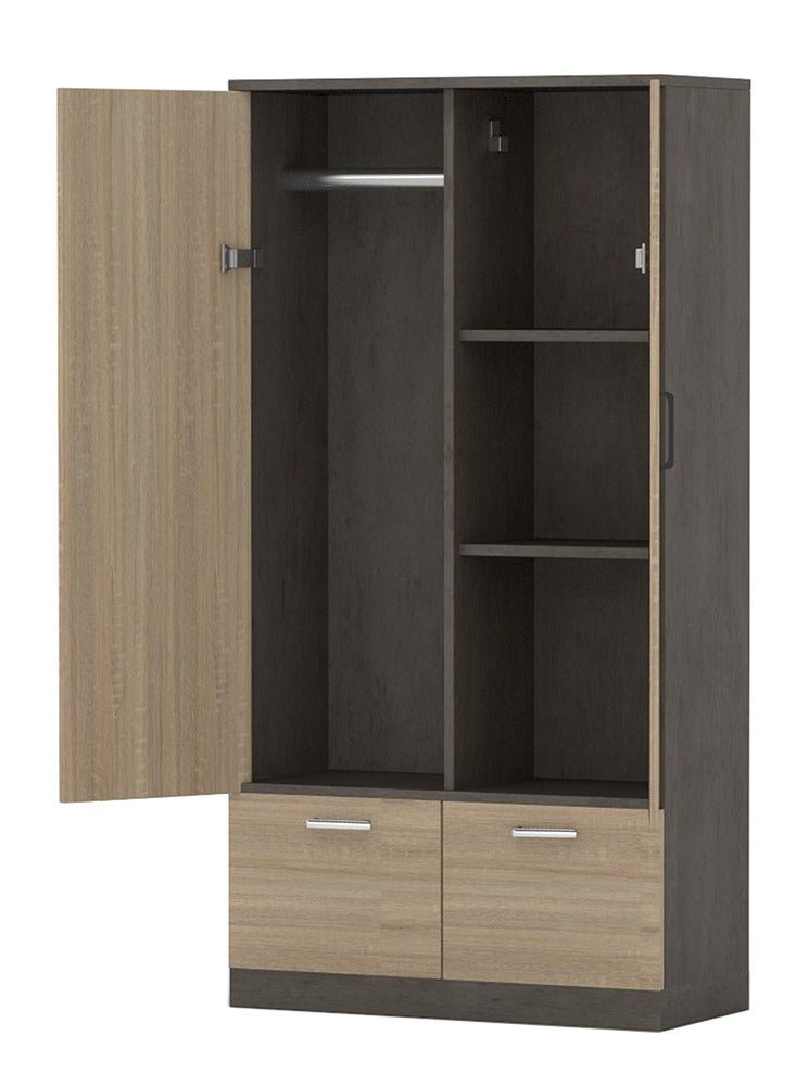 Mahmayi Wooden Wardrobe with 2 Doors, 2 Drawers, Hanging Rod and 2 Compartments, Wooden Closet Storage Cabinet for Bedroom, Living Room - Dark Grey Chicago Concrete and Grey Bardolino Oak