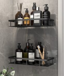 HomarKet 2 Pack Adhesive Bathroom Shower Caddy wall mounted Stainless Steel Floating Storage Shelves For Kitchen and Bathroom Black