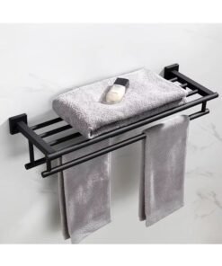 Streamflow 24-Inch Bathroom Towel Rack with Shelf & Dual Towel Bars – SUS 304 Stainless Steel Wall Mount Towel Holder, Matte Black (GZ8000-C)